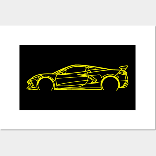 Accelerate Yellow C8 Corvette Racecar Side Silhouette Outline Accelerate Yellow Supercar Sports car Racing car Posters and Art